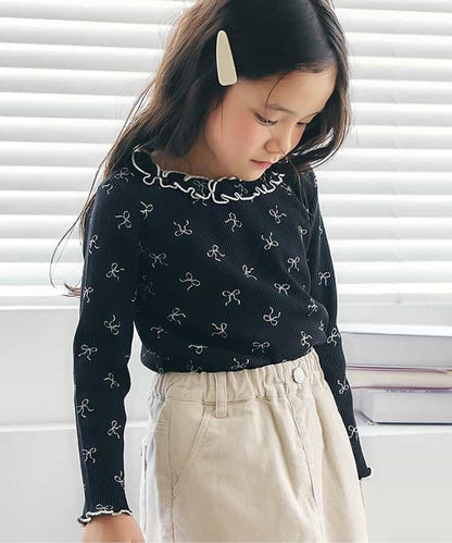 日本童裝 apres les cours 華夫格紋荷葉邊領上衣 80-140cm 女童款 秋季 TOPS 聖誕紅/新年紅