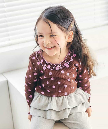 日本童裝 apres les cours 華夫格紋荷葉邊領上衣 80-140cm 女童款 秋季 TOPS 聖誕紅/新年紅