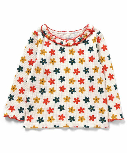 日本童裝 apres les cours 華夫格紋荷葉邊領上衣 80-140cm 女童款 秋季 TOPS 聖誕紅/新年紅