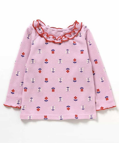 日本童裝 apres les cours 華夫格紋荷葉邊領上衣 80-140cm 女童款 秋季 TOPS 聖誕紅/新年紅