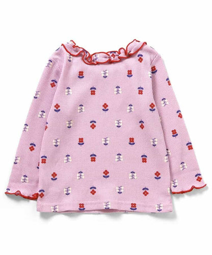日本童裝 apres les cours 華夫格紋荷葉邊領上衣 80-140cm 女童款 秋季 TOPS 聖誕紅/新年紅