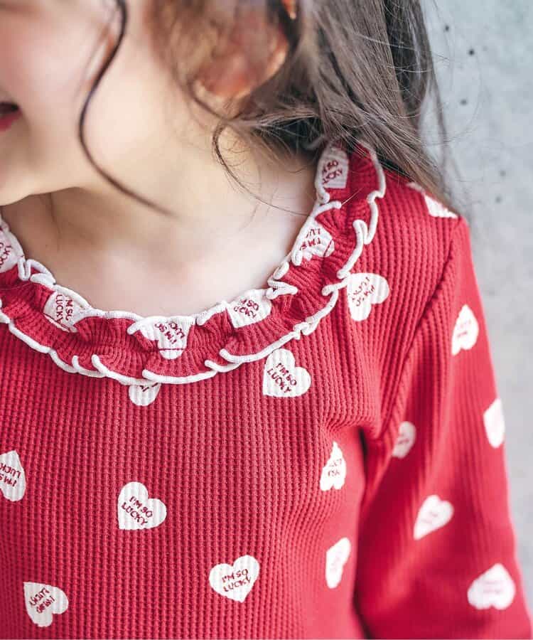 日本童裝 apres les cours 華夫格紋荷葉邊領上衣 80-140cm 女童款 秋季 TOPS 聖誕紅/新年紅