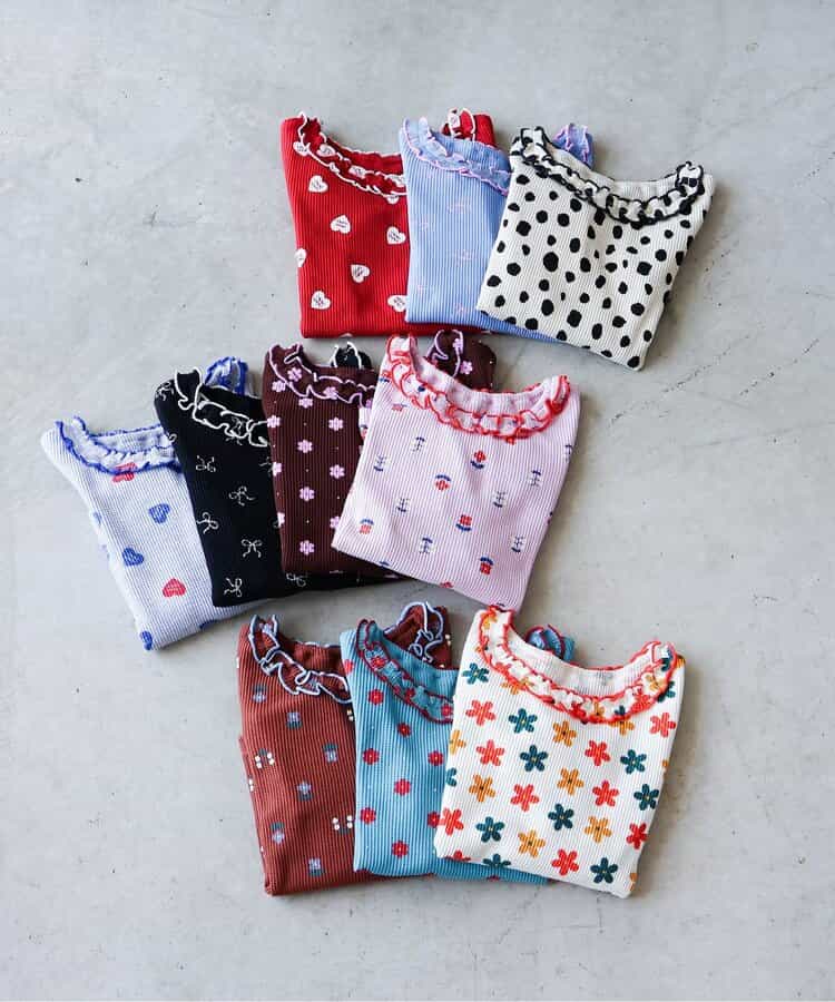 日本童裝 apres les cours 華夫格紋荷葉邊領上衣 80-140cm 女童款 秋季 TOPS 聖誕紅/新年紅