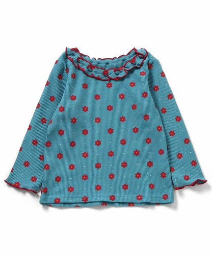 日本童裝 apres les cours 華夫格紋荷葉邊領上衣 80-140cm 女童款 秋季 TOPS 聖誕紅/新年紅