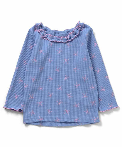 日本童裝 apres les cours 華夫格紋荷葉邊領上衣 80-140cm 女童款 秋季 TOPS 聖誕紅/新年紅