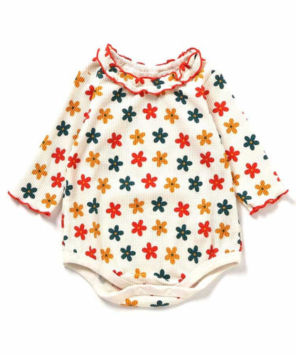 日本童裝 apres les cours 華夫格紋混色領連衣 70-80cm 女童款 初生嬰兒 秋季 Jumpsuit 聖誕紅/新年紅