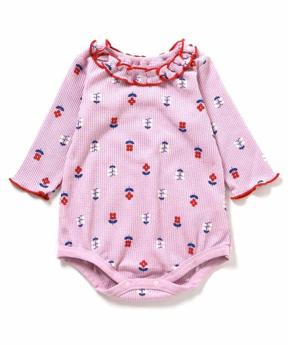 日本童裝 apres les cours 華夫格紋混色領連衣 70-80cm 女童款 初生嬰兒 秋季 Jumpsuit 聖誕紅/新年紅