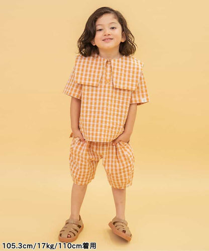 Japanese children's clothing BREEZE plaid sailor top 90-140cm boys/girls summer TOPS 