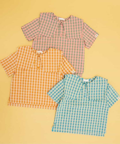 Japanese children's clothing BREEZE plaid sailor top 90-140cm boys/girls summer TOPS 