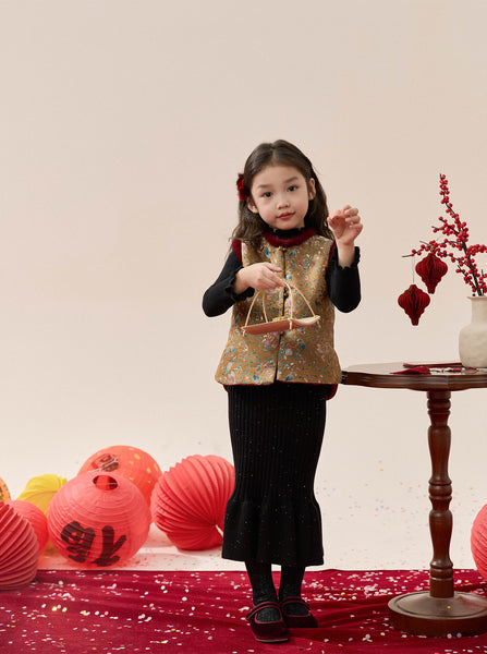 女童款 90-140cm 喜至福來金花彩錦綢緞唐裝背心 新年中式華服唐裝 新年發財特特輯