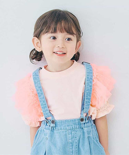 Japanese children's clothing p.prem#r fluffy chiffon puff sleeve top 80-140cm girls summer TOPS 