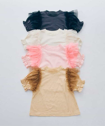 Japanese children's clothing p.prem#r fluffy chiffon puff sleeve top 80-140cm girls summer TOPS 
