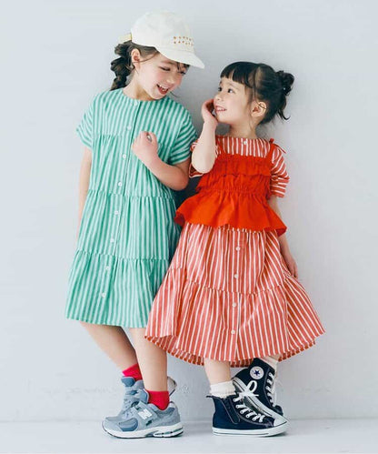 Japanese children's clothing p.prem#r 2Way reversible two-way wear front and back striped shirt dress 80-140cm girls summer dresses 