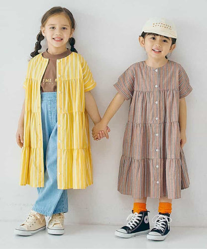 Japanese children's clothing p.prem#r 2Way reversible two-way wear front and back striped shirt dress 80-140cm girls summer dresses 