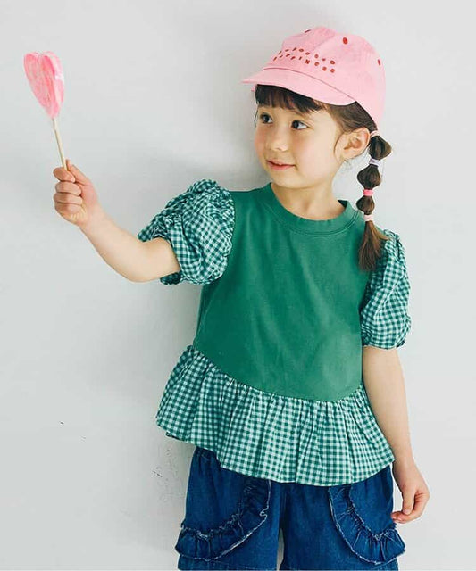 Japanese children's clothing p.prem#r ruffled puff sleeve ruffled top 80-140cm girls summer TOPS 