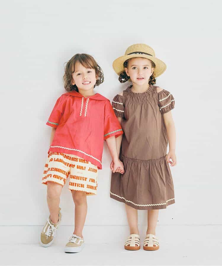 Japanese children's clothing p.prem#r off-the-shoulder short-sleeved dress 80-140cm girls summer dresses 