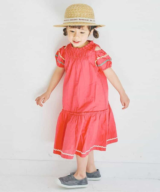 Japanese children's clothing p.prem#r off-the-shoulder short-sleeved dress 80-140cm girls summer dresses 