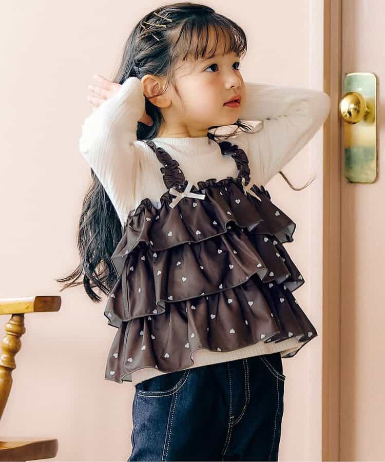 日本童裝 apres les cours 假兩件薄紗上衣 80-140cm 女童款 秋季 TOPS 聖誕紅/新年紅
