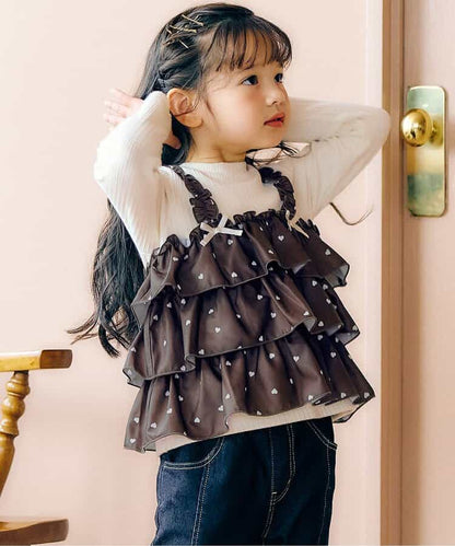 日本童裝 apres les cours 假兩件薄紗上衣 80-140cm 女童款 秋季 TOPS 聖誕紅/新年紅