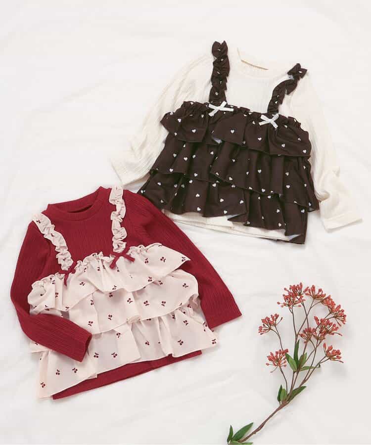日本童裝 apres les cours 假兩件薄紗上衣 80-140cm 女童款 秋季 TOPS 聖誕紅/新年紅