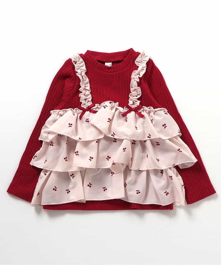 日本童裝 apres les cours 假兩件薄紗上衣 80-140cm 女童款 秋季 TOPS 聖誕紅/新年紅