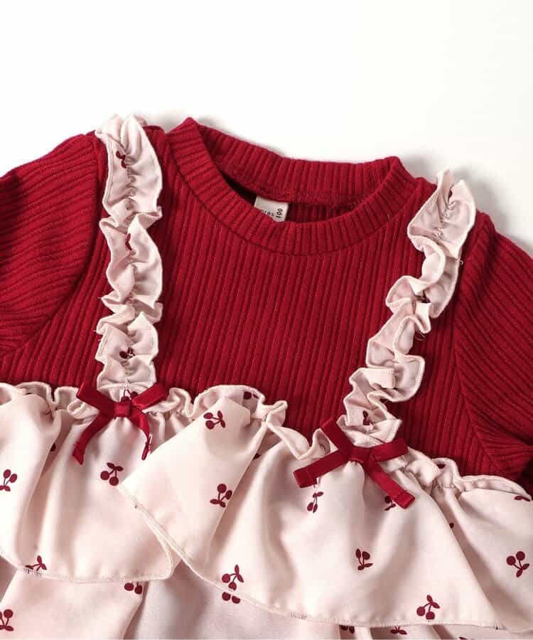 日本童裝 apres les cours 假兩件薄紗上衣 80-140cm 女童款 秋季 TOPS 聖誕紅/新年紅