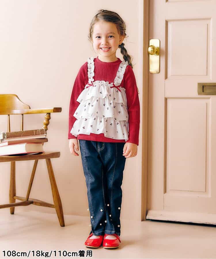 日本童裝 apres les cours 假兩件薄紗上衣 80-140cm 女童款 秋季 TOPS 聖誕紅/新年紅