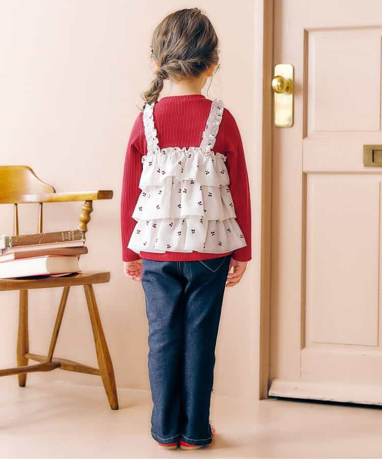 日本童裝 apres les cours 假兩件薄紗上衣 80-140cm 女童款 秋季 TOPS 聖誕紅/新年紅