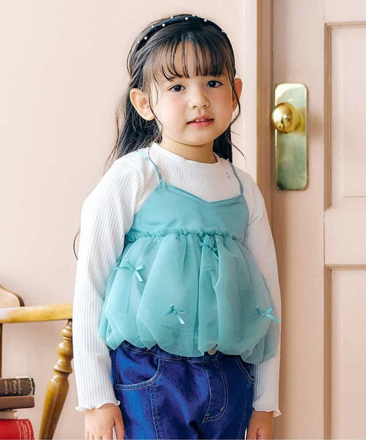 日本童裝 apres les cours 假兩件薄紗上衣 80-140cm 女童款 秋季 TOPS