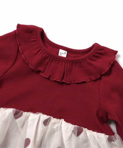 日本童裝 apres les cours 網紗拼接上衣 80-140cm 女童款 秋季 TOPS 聖誕紅/新年紅