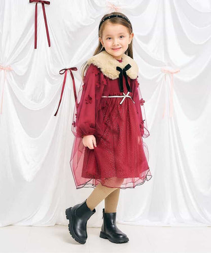 日本童裝 apres les cours 花花圖案薄紗連身裙 80-130cm 女童款 秋季 DRESSES 聖誕紅/新年紅