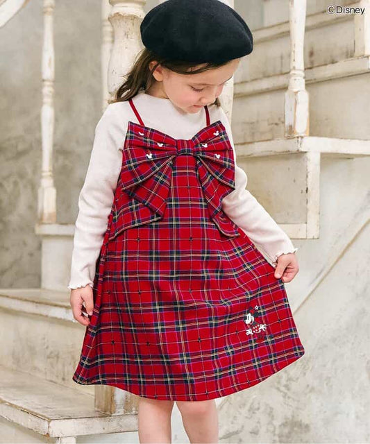日本童裝 apres les cours x Disney 格仔連身裙 90-130cm 女童款 秋季 DRESSES 聖誕紅/新年紅