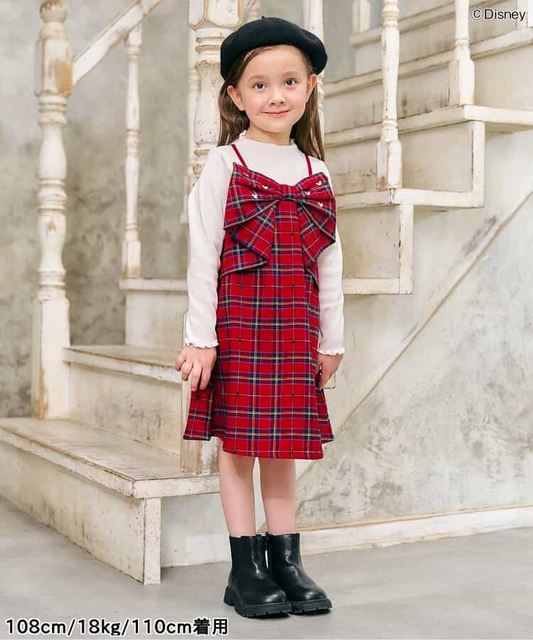 日本童裝 apres les cours x Disney 格仔連身裙 90-130cm 女童款 秋季 DRESSES 聖誕紅/新年紅