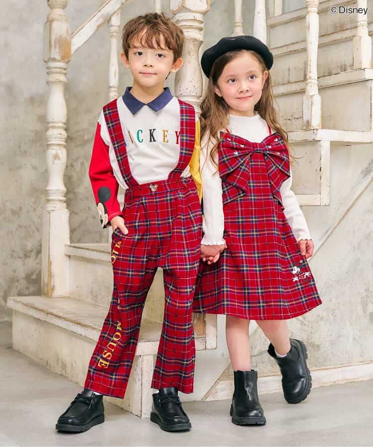 日本童裝 apres les cours x Disney 格仔連身裙 90-130cm 女童款 秋季 DRESSES 聖誕紅/新年紅