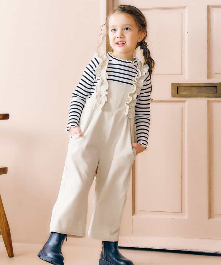 日本童裝 apres les cours 天鵝絨荷葉邊工裝褲 90-140cm 女童款 秋季 Jumpsuit