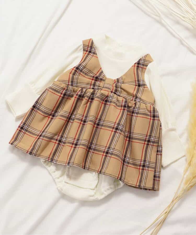 日本童裝 apres les cours 格仔假兩件連衣 70-80cm 女童款 秋季 初生嬰兒 Jumpsuit