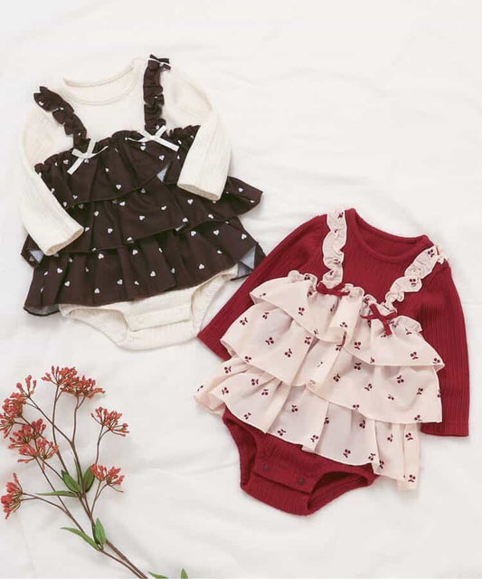 日本童裝 apres les cours 印花假兩件連衣 70-80cm 女童款 秋季 初生嬰兒 Jumpsuit 聖誕紅/新年紅