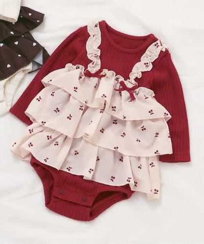 日本童裝 apres les cours 印花假兩件連衣 70-80cm 女童款 秋季 初生嬰兒 Jumpsuit 聖誕紅/新年紅