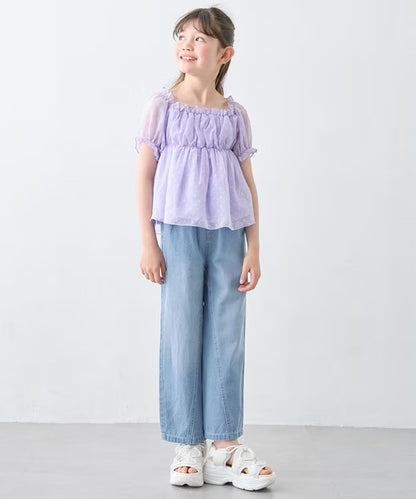 日本童裝 aF#a325 刺繡淺色牛仔寬褲 110-150cm 女童款 夏季 PANTS