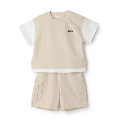 日本童裝 pe#main 接觸冷感 假兩件上衣及短褲套裝 80-130cm 男童款 夏季 TOPS PANTS