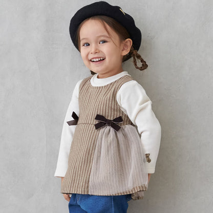 日本童裝 pe#main 假兩件蝴蝶結花邊上衣 80-130cm 女童款 冬季 TOPS 聖誕紅/新年紅