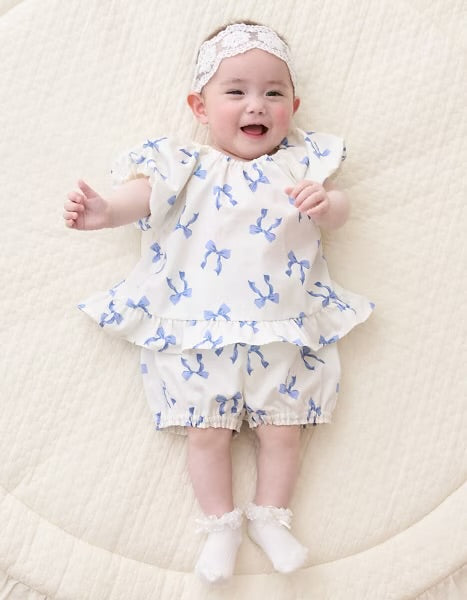 日本童裝 pe#main 蝴蝶結印花兩件套裝 70-80cm 女童款 初生嬰兒 夏季 TOPS PANTS