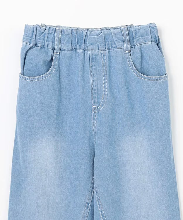 日本童裝 aF#a325 刺繡淺色牛仔寬褲 110-150cm 女童款 夏季 PANTS
