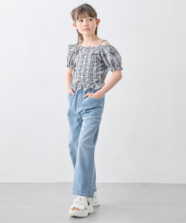 日本童裝 aF#a325 刺繡淺色牛仔寬褲 110-150cm 女童款 夏季 PANTS