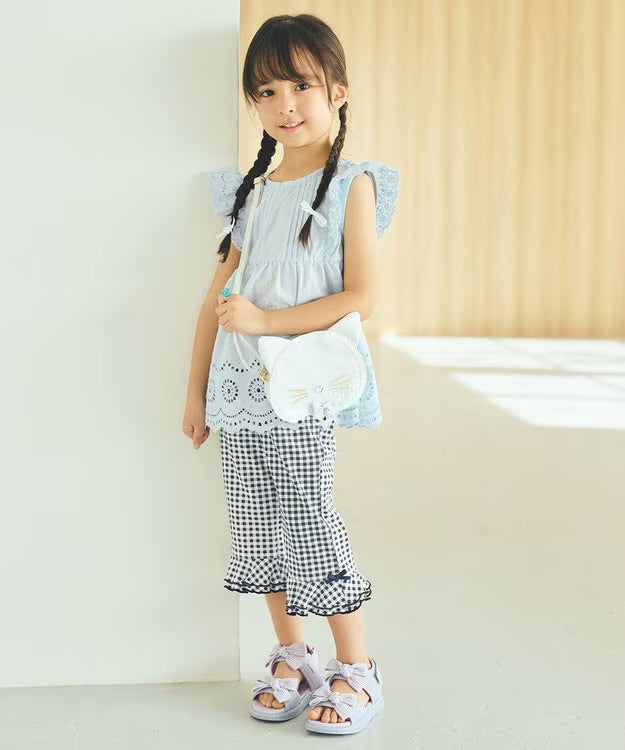 日本童裝 aF#a325 接觸冷感 蕾絲小飛袖刺繡上衣 90-150cm 女童款 夏季 TOPS