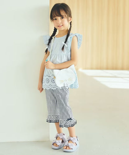 日本童裝 aF#a325 接觸冷感 蕾絲小飛袖刺繡上衣 90-150cm 女童款 夏季 TOPS