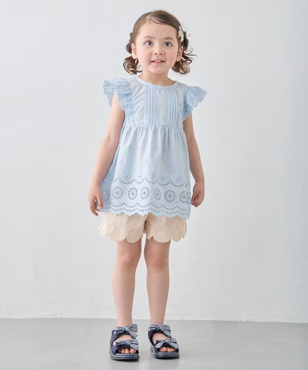 日本童裝 aF#a325 接觸冷感 蕾絲小飛袖刺繡上衣 90-150cm 女童款 夏季 TOPS