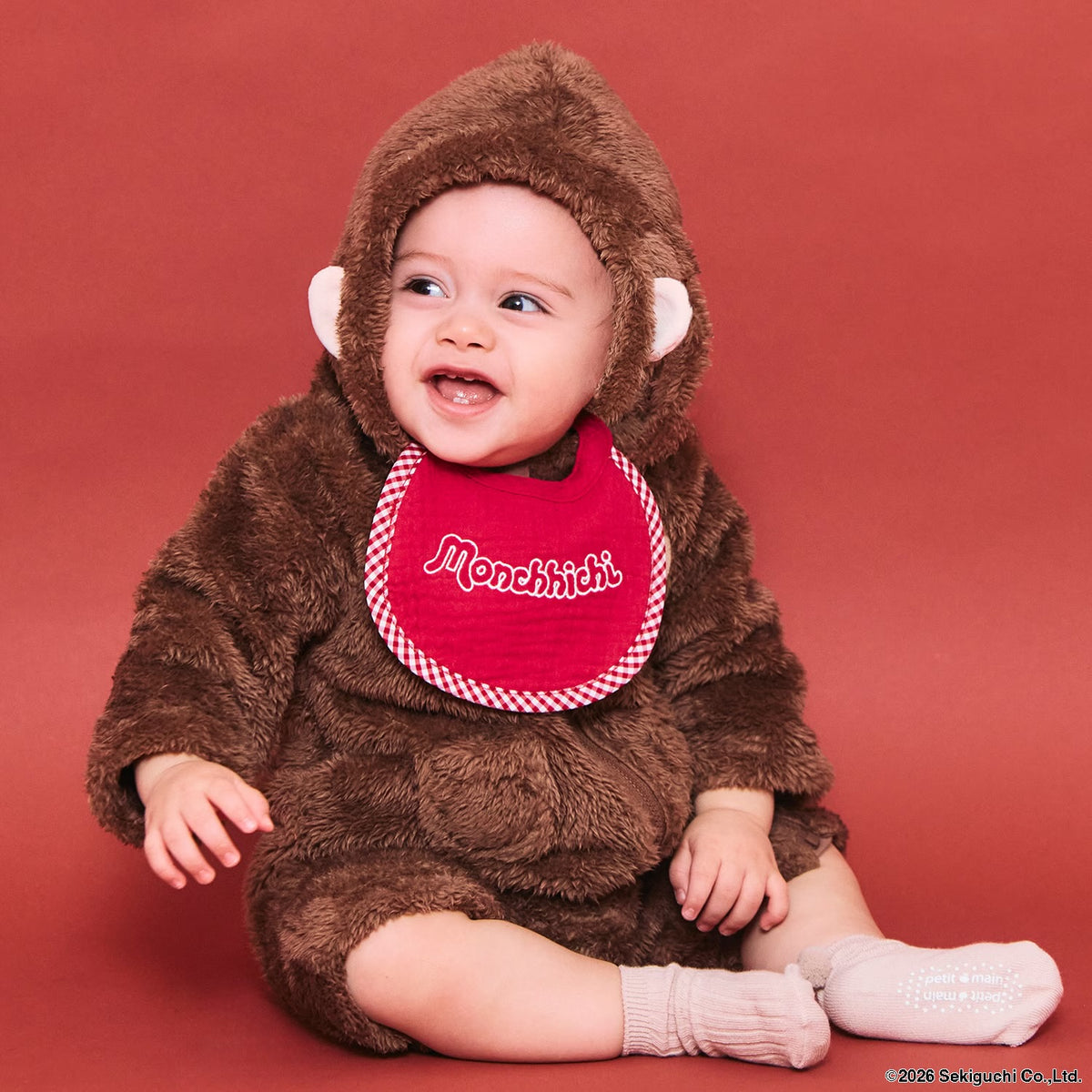 日本童裝 pe#main x Monchhichi 毛毛連衣及口水巾 70-80cm 男童款/女童款 初生嬰兒 秋季 Jumpsuit