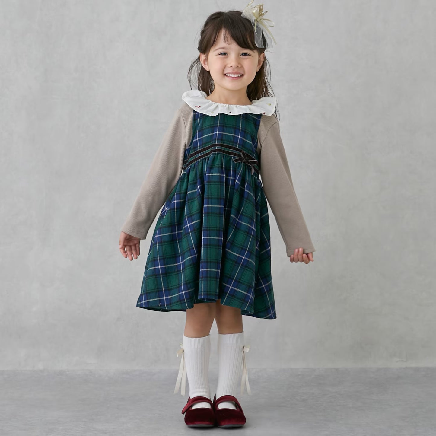 日本童裝 pe#main 假兩件格仔連身裙 80-130cm 女童款 冬季 DRESSES 面試/宴會/表演 聖誕紅/新年紅