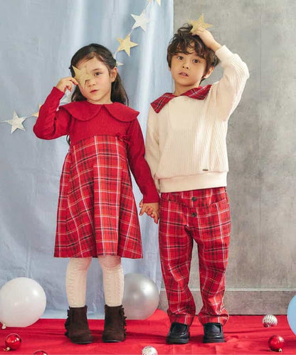 日本童裝 apres les cours 披肩格紋連身裙 80-140cm 女童款 冬季 DRESSES 聖誕紅/新年紅